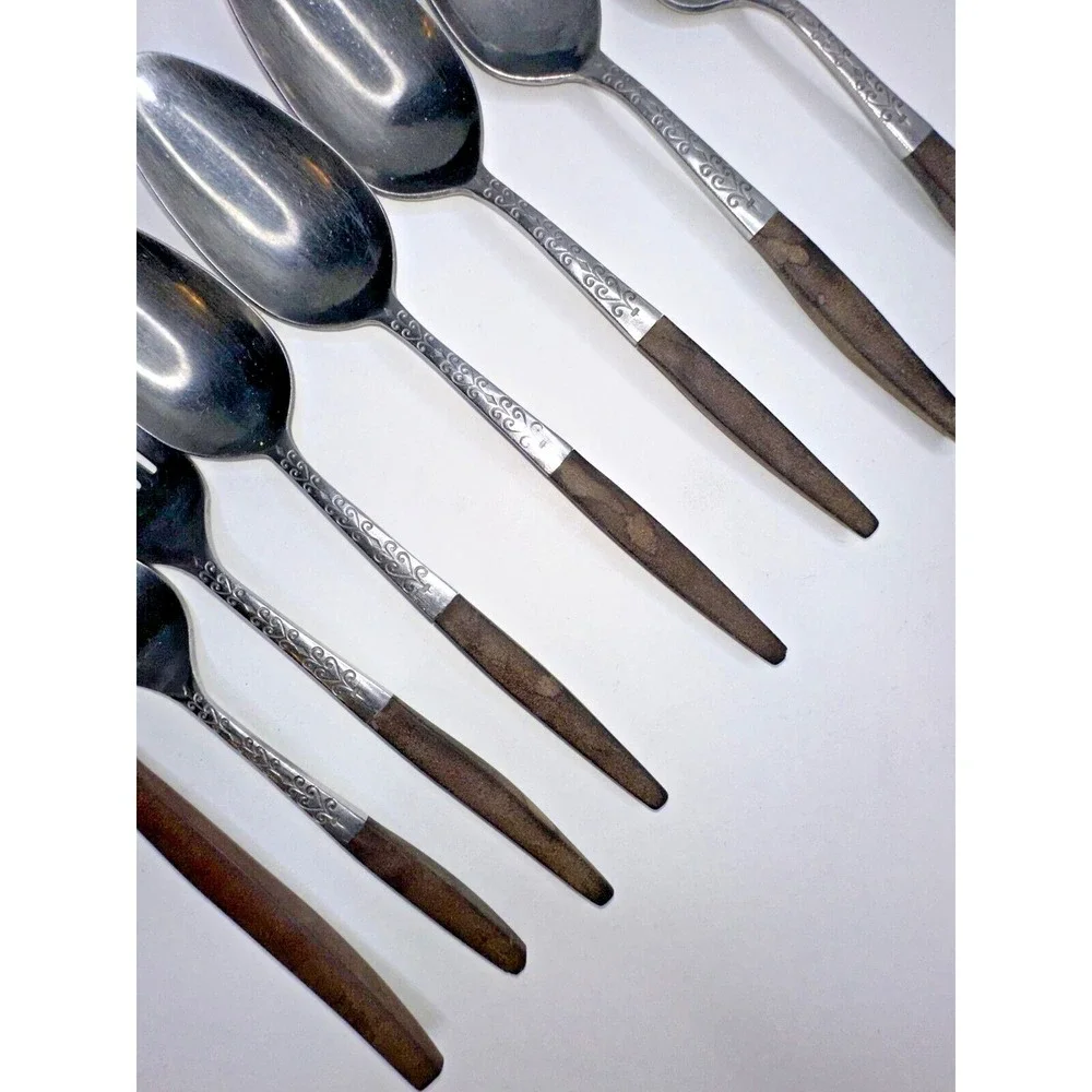 Interpur Canoe Wood handle Etched MCM Stainless Flatware 8 PC Fork Spoon Knife‎
